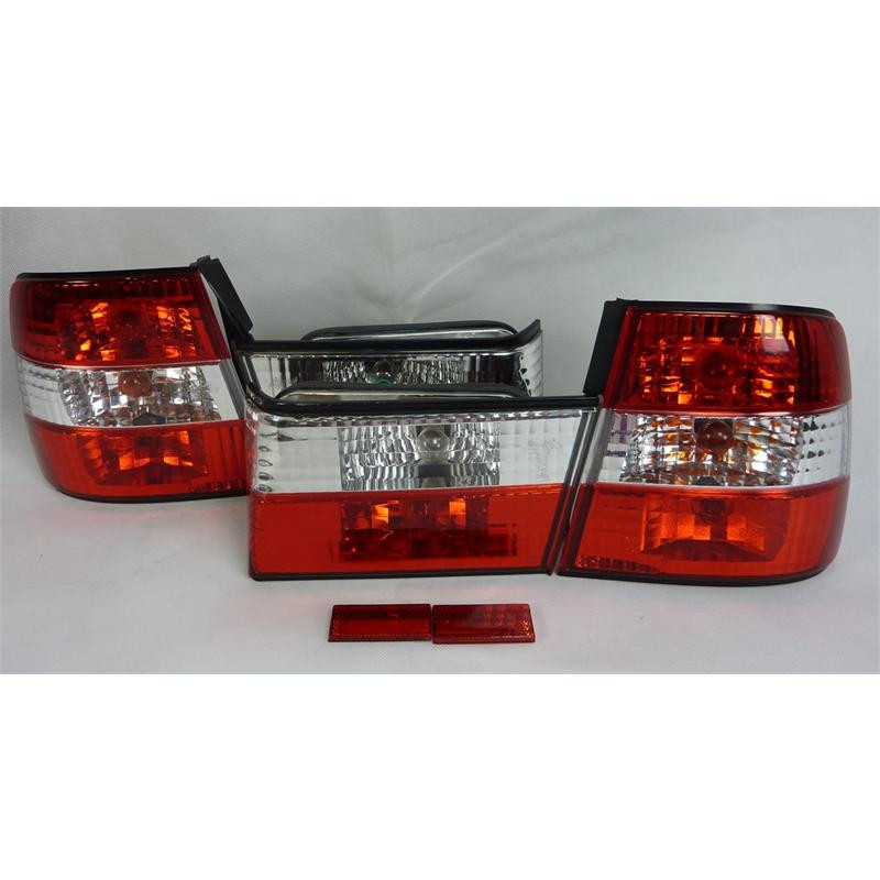 KIT FEUX ARRIERE ROUGE ET BLANC CRISTAL + PLATINE BMW SERIE 5 E34 BERLINE 88 a 95