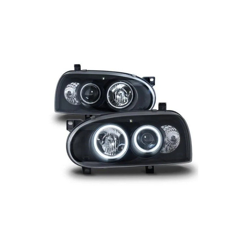 Phares AE-Design angel eyes fond noir pour VW Golf 3 (modèles 1992-1997).