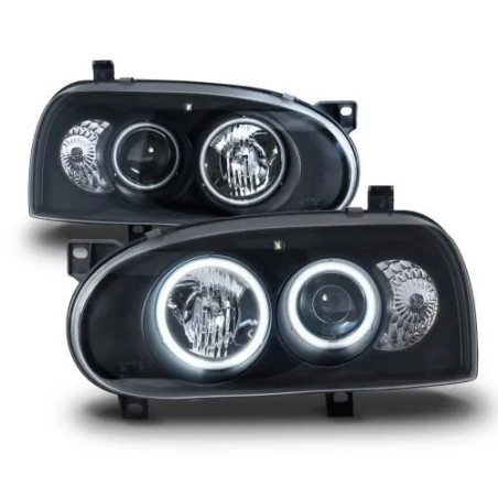 Phares AE-Design angel eyes fond noir pour VW Golf 3 (modèles 1992-1997).