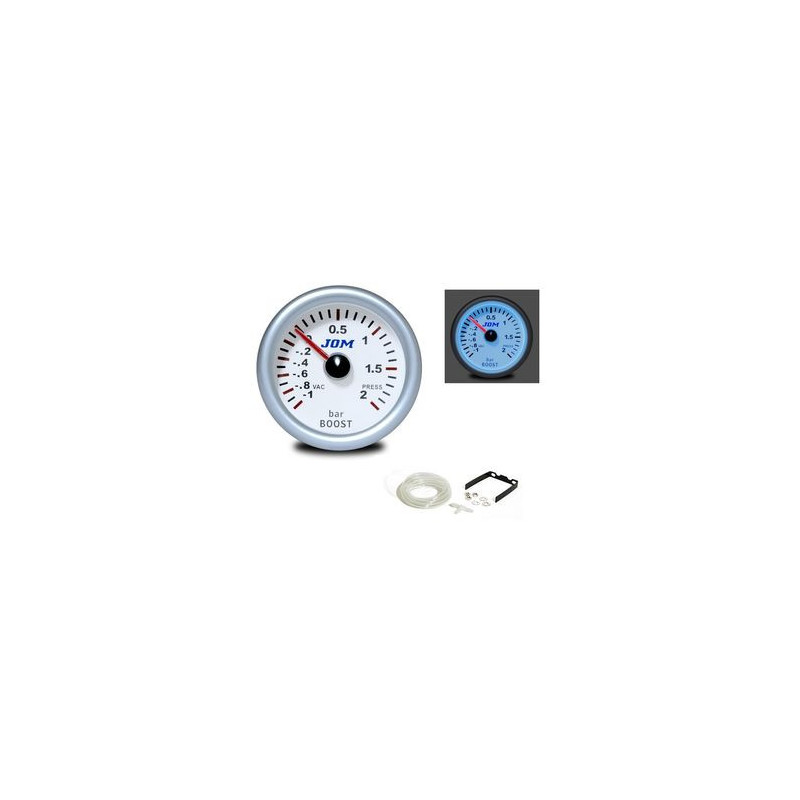 MANOMETRE PRESSION TURBO BOOST -1 A 2 BARS Ø 52 MM FOND BLANC ECLAIRAGE BLEU