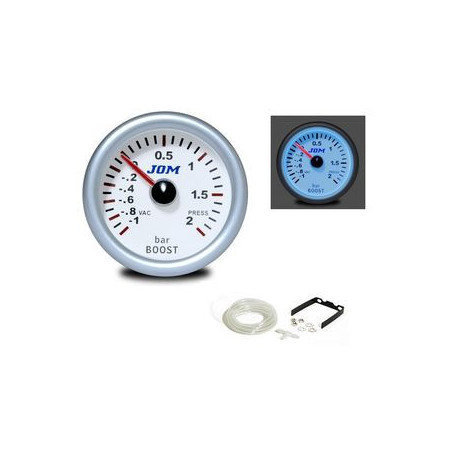 MANOMETRE PRESSION TURBO BOOST -1 A 2 BARS Ø 52 MM FOND BLANC ECLAIRAGE BLEU