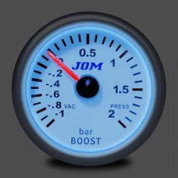MANOMETRE PRESSION TURBO BOOST -1 A 2 BARS Ø 52 MM FOND BLANC ECLAIRAGE BLEU